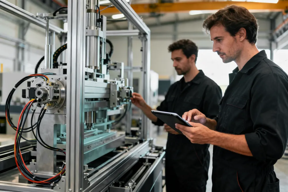 Zwei Monteure bauen eine Sondermaschine auf, einer prüft auf einem Tablet