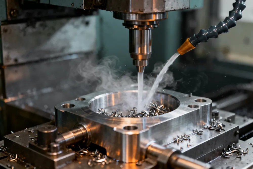 Fräskopf einer CNC-Maschine bearbeitet ein Stahlteil