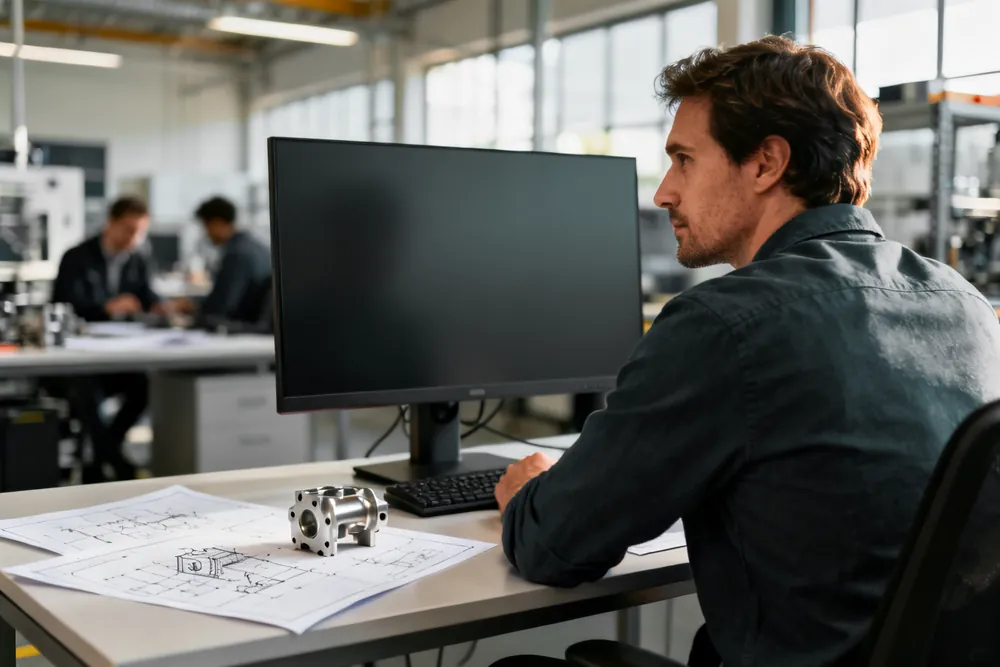 Konstrukteur am Arbeitsplatz mit technischen Zeichnungen und einem Bauteil auf dem Tisch