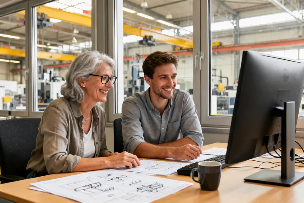 Zwei Konstrukteure am Schreibtisch mit Zeichnungen, im Hintergrund die Fertigungshalle