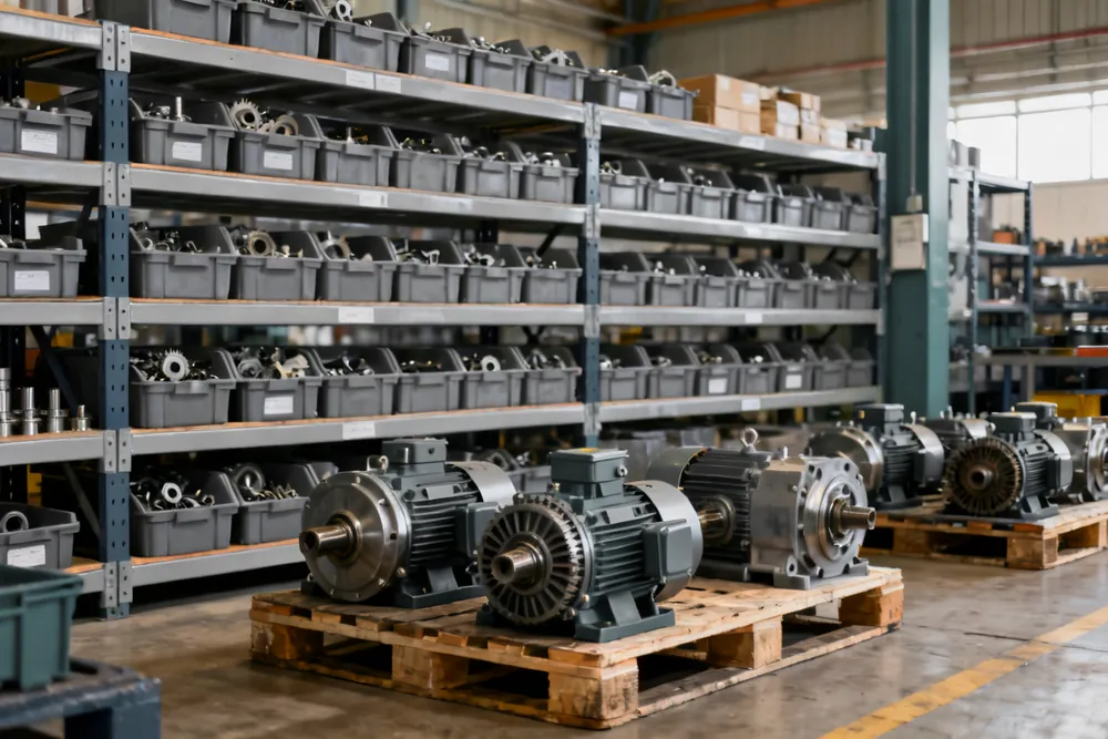 Bereitgestellte Bauteile, Motoren und Getriebe vor der Montage